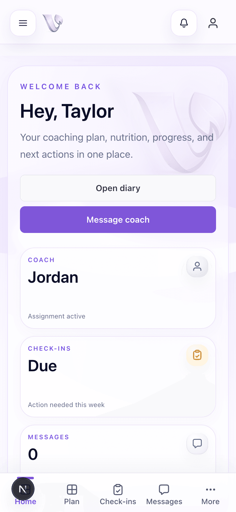 Vitality Crew client dashboard showing coaching actions and weekly progress